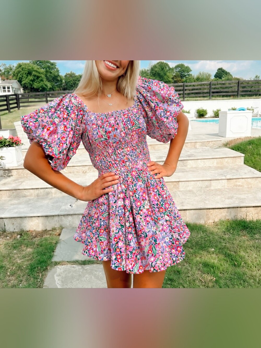 Altardt State Floral Puff-Sleeve Mini Dress - Pink & Orange Daisy Print